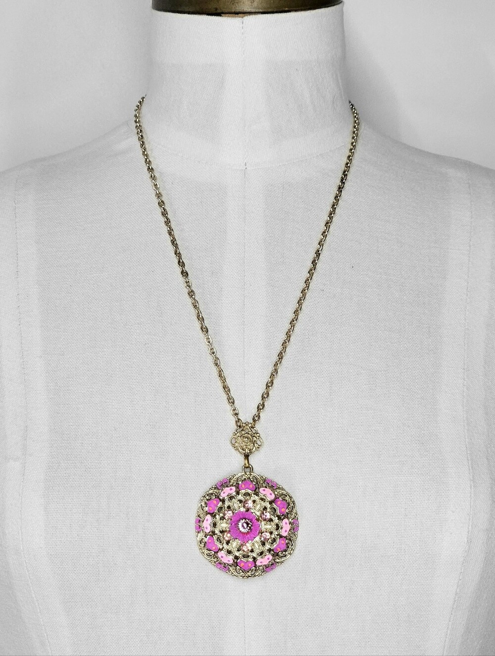 Necklace 24" Vintage W. Germany Pink Enamel Filigree Pendant Deadstock Woolworth